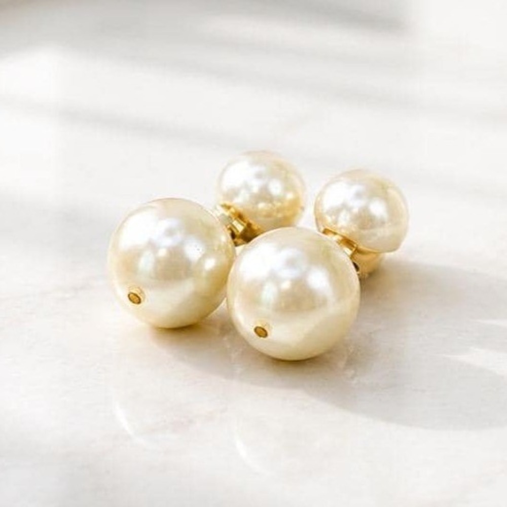 Vintage Cream Faux Pearl Double Drop Clip On Earrings Gold Tone 3.5cm